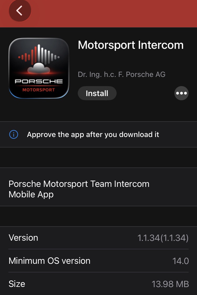 Motorsport Intercom install button in Unternehmensportal