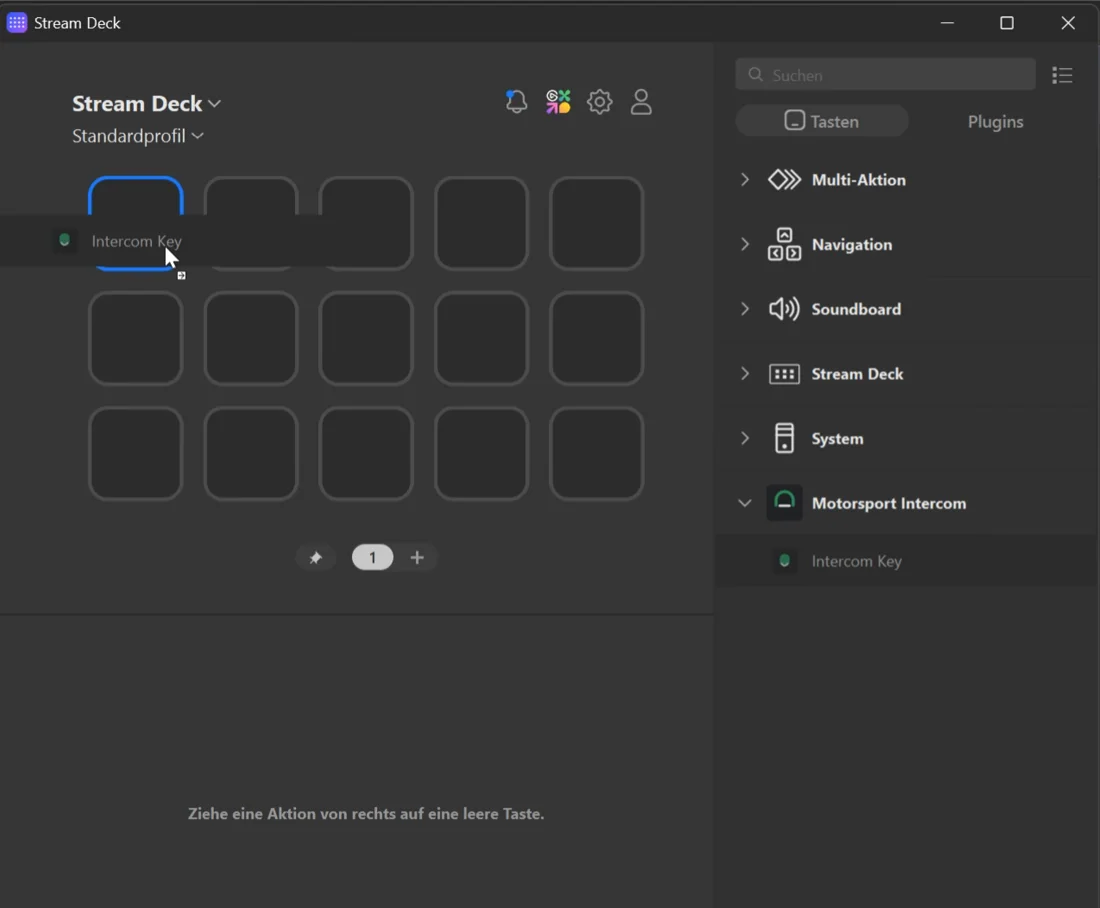 Intercom Key being dragged onto an empty Stream Deck key