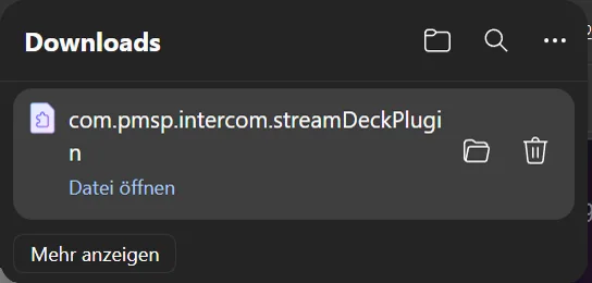 Downloaded Motorsport Intercom Stream Deck plugin with Open file link