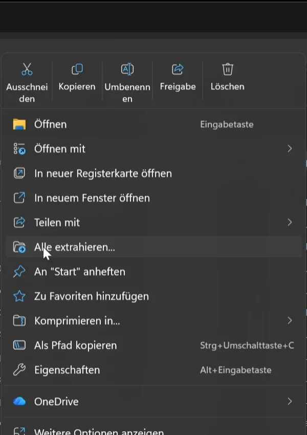Windows ZIP context menu with Extract all highlighted