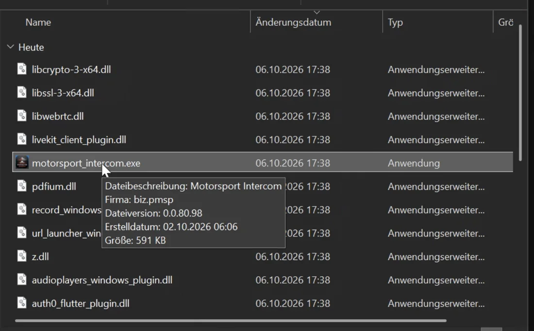 motorsport_intercom.exe selected in the extracted application folder