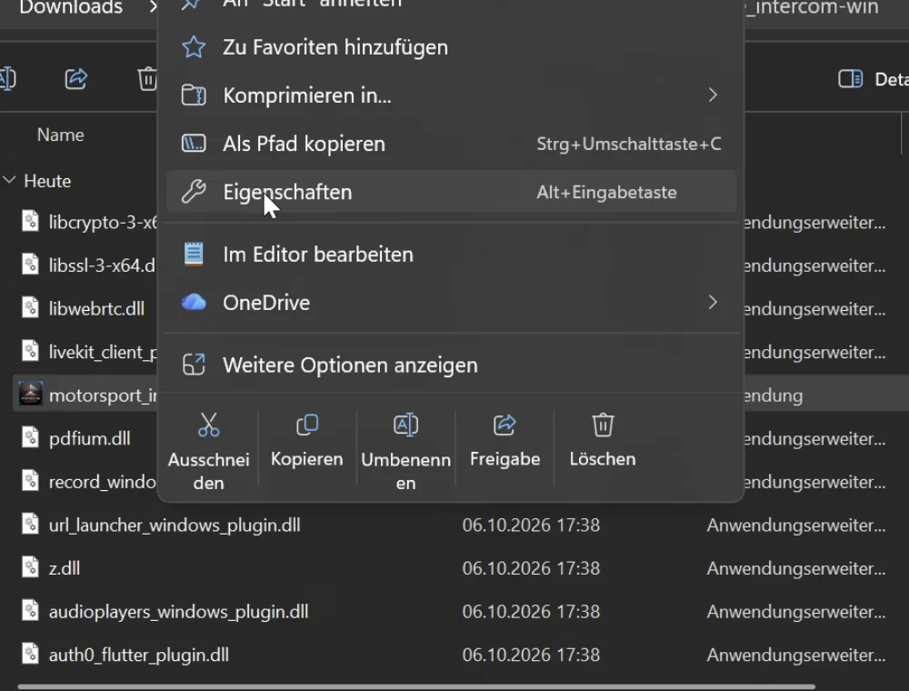 Context menu for motorsport_intercom.exe with Properties highlighted