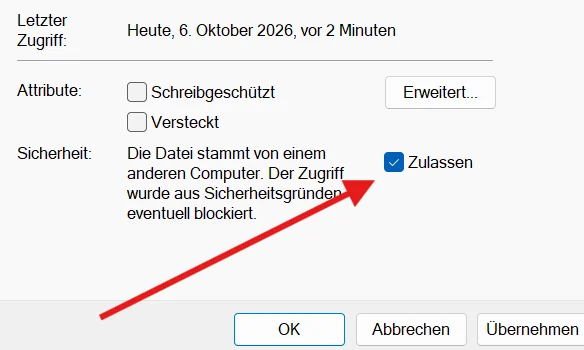 Windows app properties with the Allow checkbox highlighted